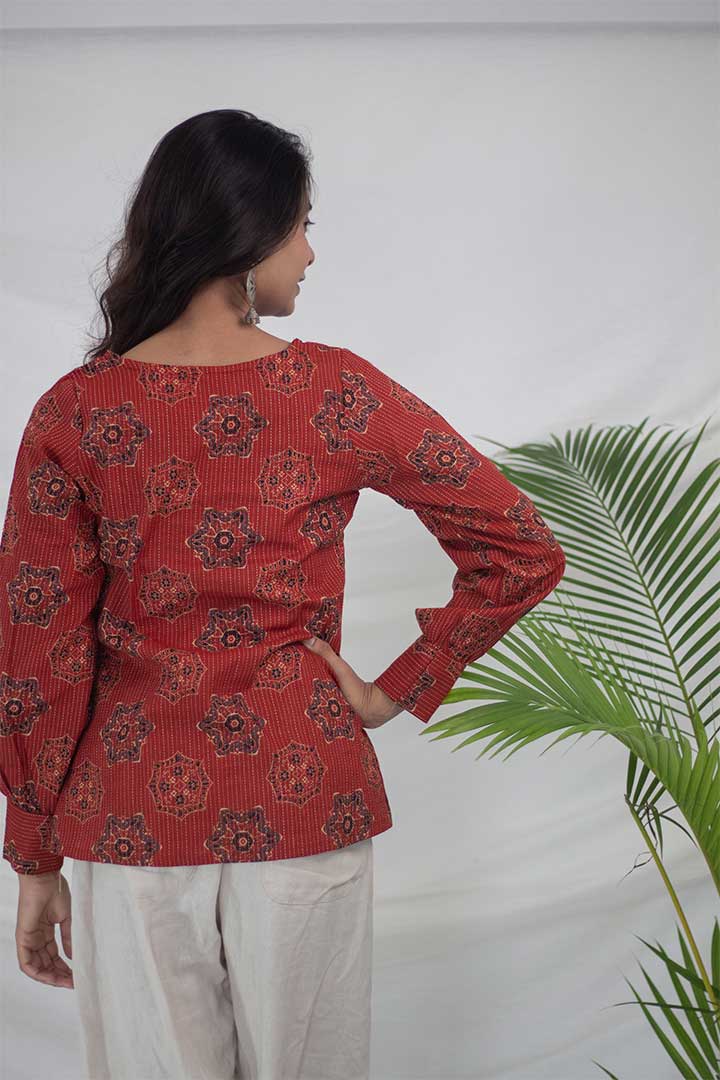 Brick Red Kantha work V-Neck Top