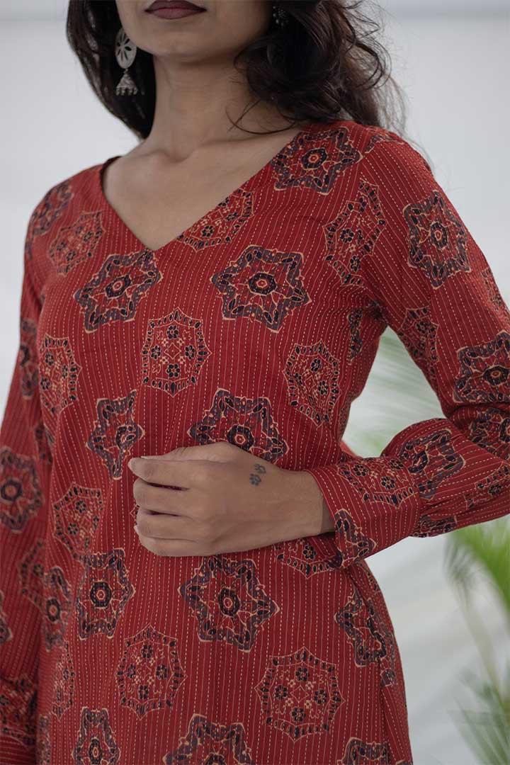 Brick Red Kantha work V-Neck Top