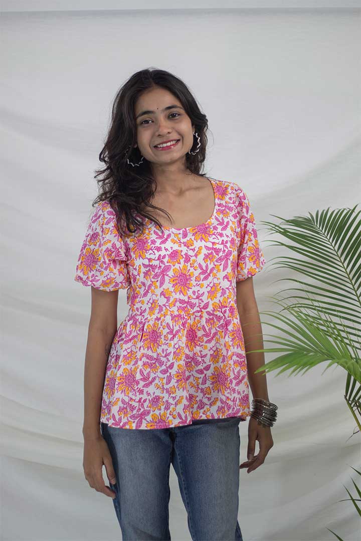 Pink Floral Gather Cotton top