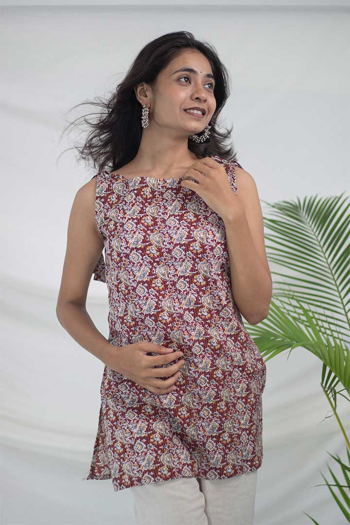 Maroon Printed Boat Neck Top