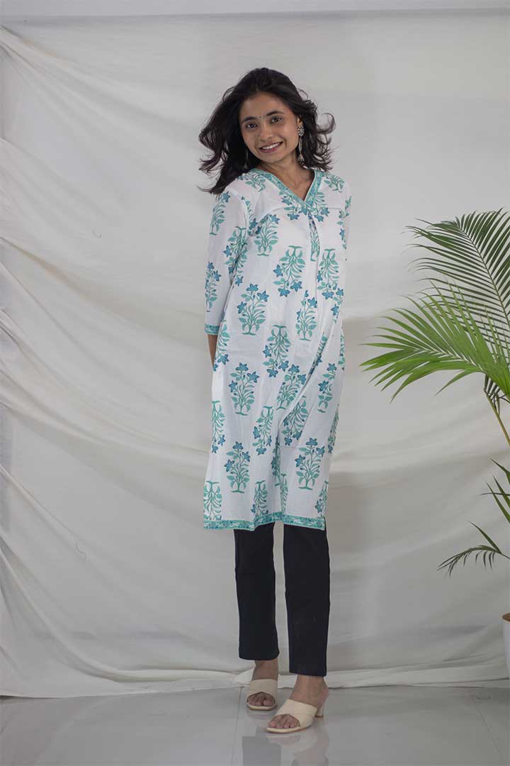 White Printed Cotton Kurti