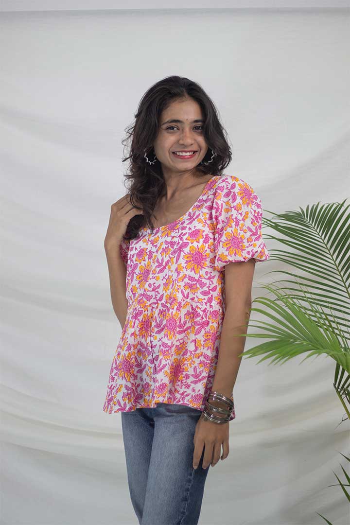 Pink Floral Gather Cotton top