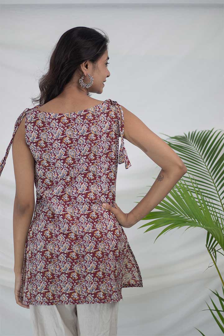 Maroon Printed Boat Neck Top