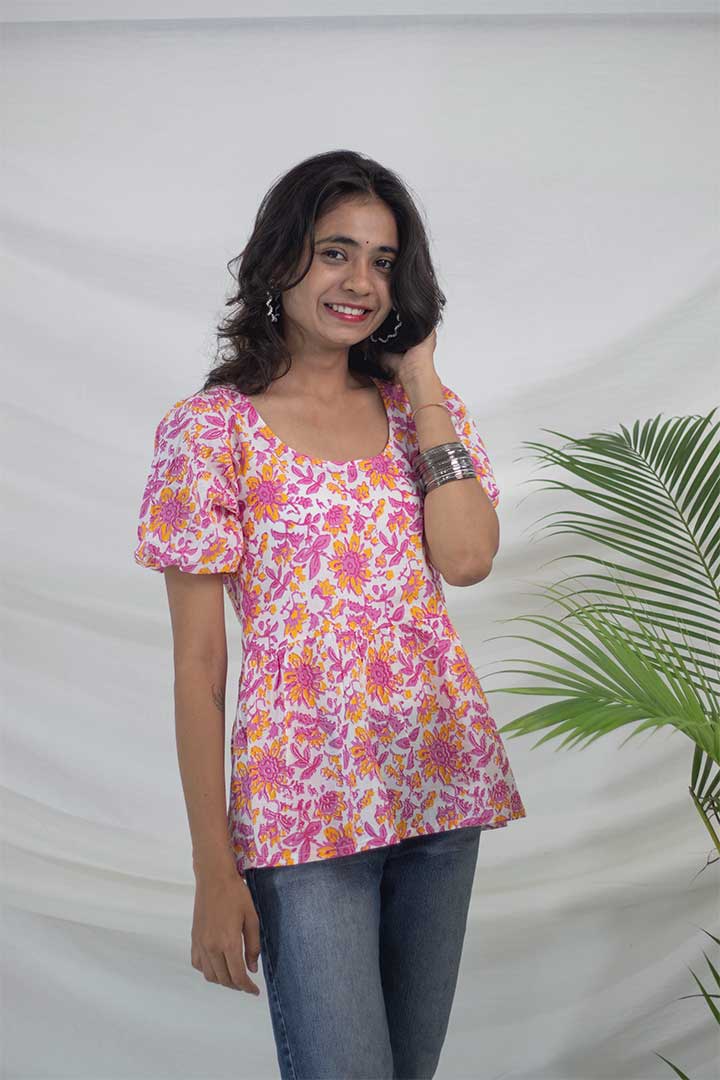 Pink Floral Gather Cotton top