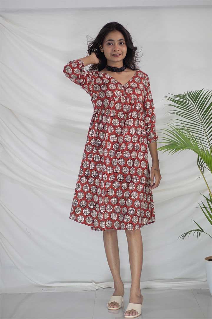 Maroon V-Neck Ajrak Print Cotton Dress