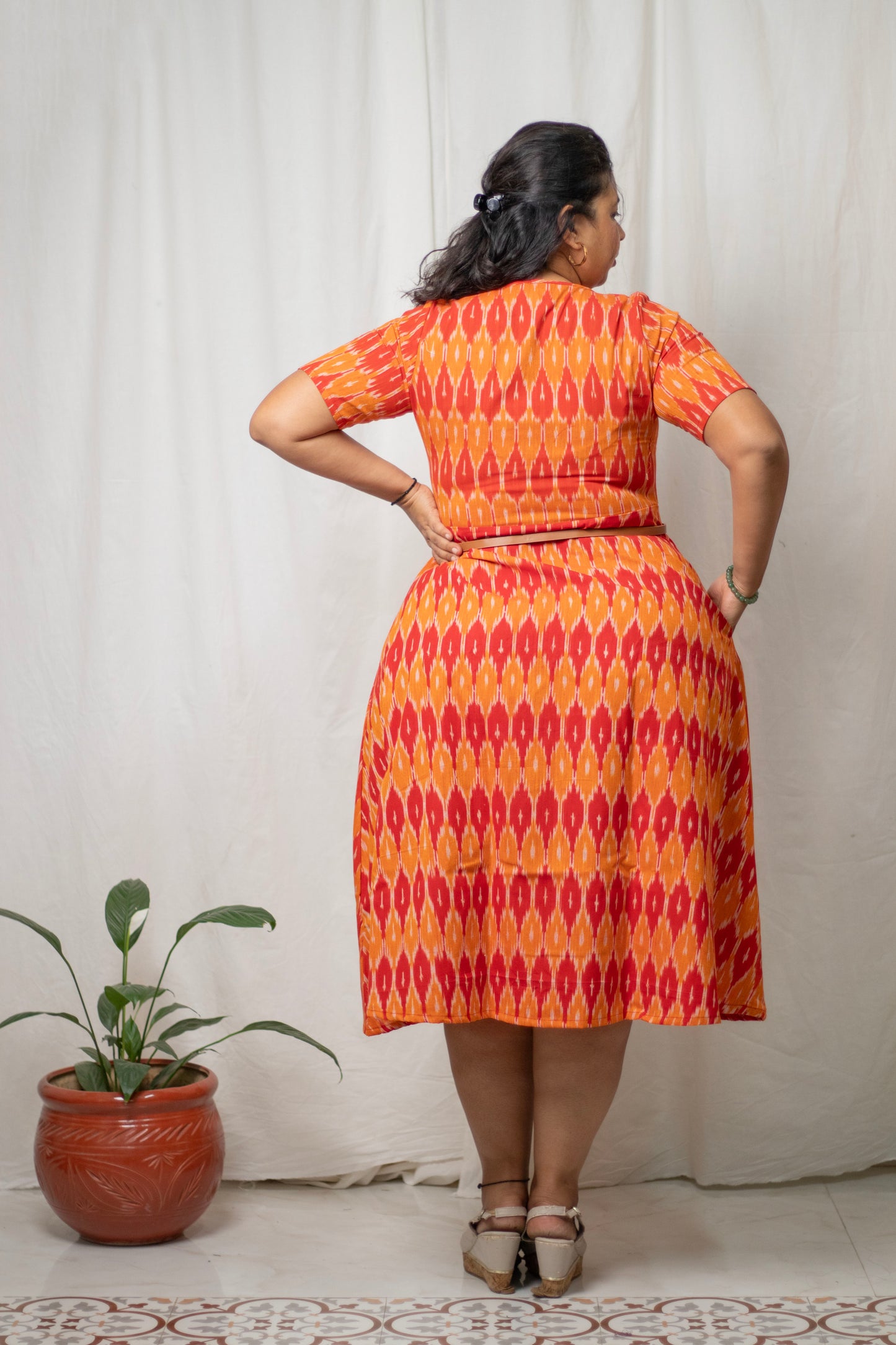 Orange Ikat Midi Dress with Peter Pan Collar
