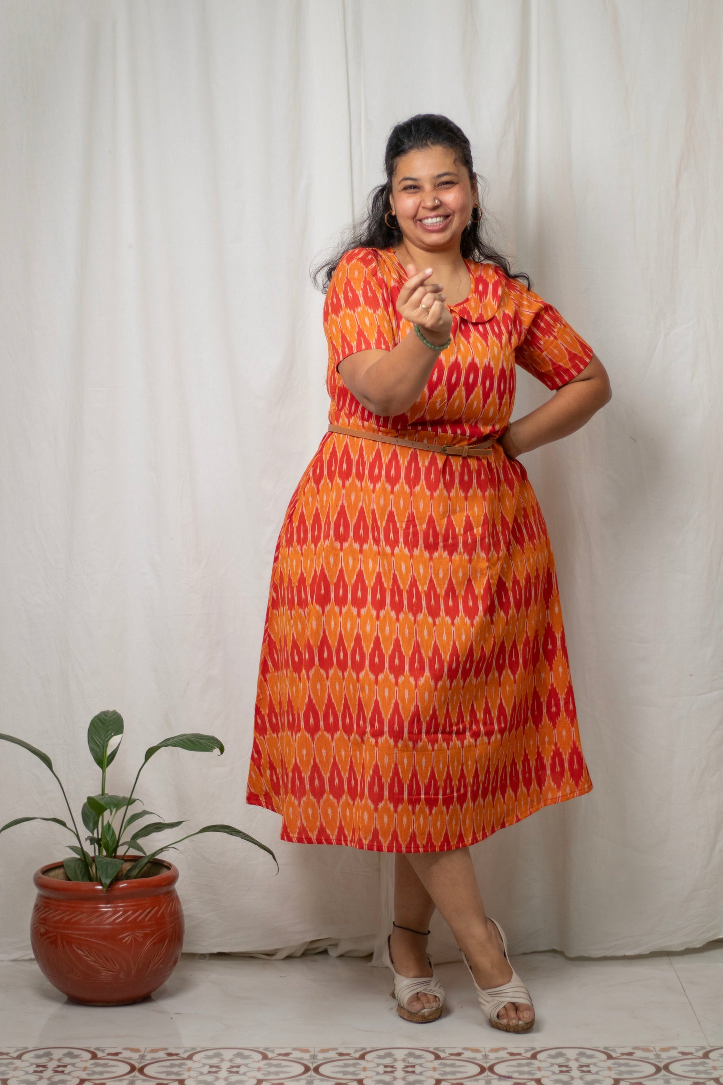 Orange Ikat Midi Dress with Peter Pan Collar