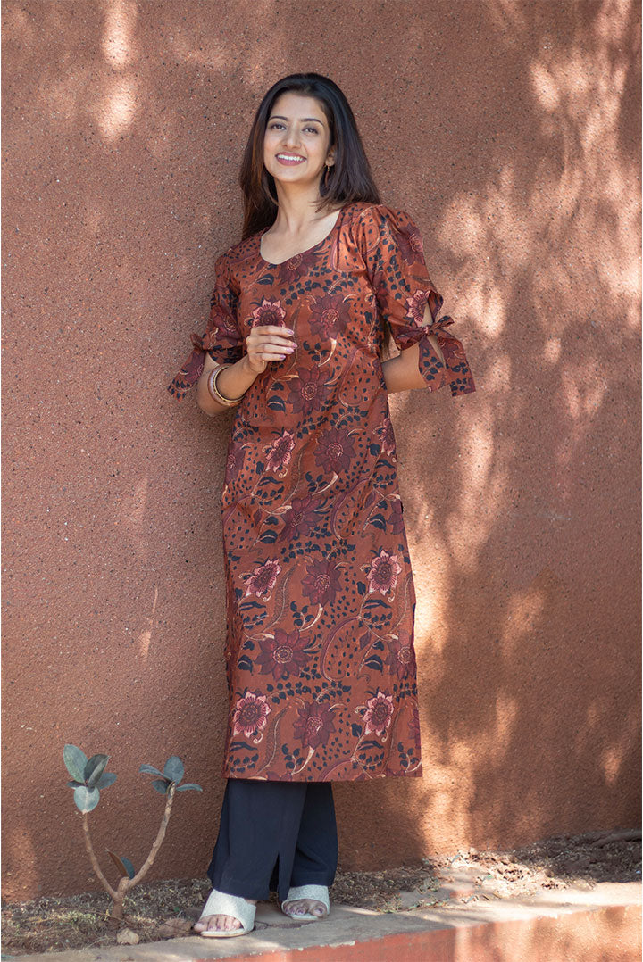 Cotton Kurti Brown Floral Print Sleeves Tie