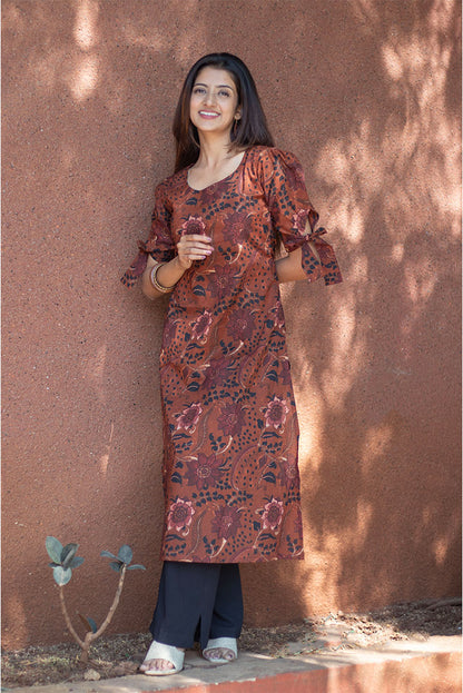 Cotton Kurti Brown Floral Print Sleeves Tie