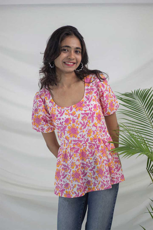 Pink Floral Gather Cotton top