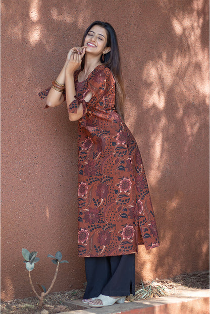 Cotton Kurti Brown Floral Print Sleeves Tie