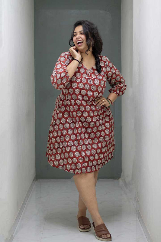 Cotton Block Print Maroon V-Neck Dress