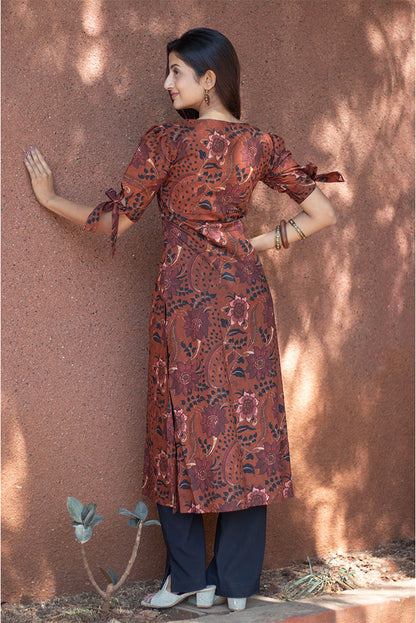 Cotton Kurti Brown Floral Print Sleeves Tie