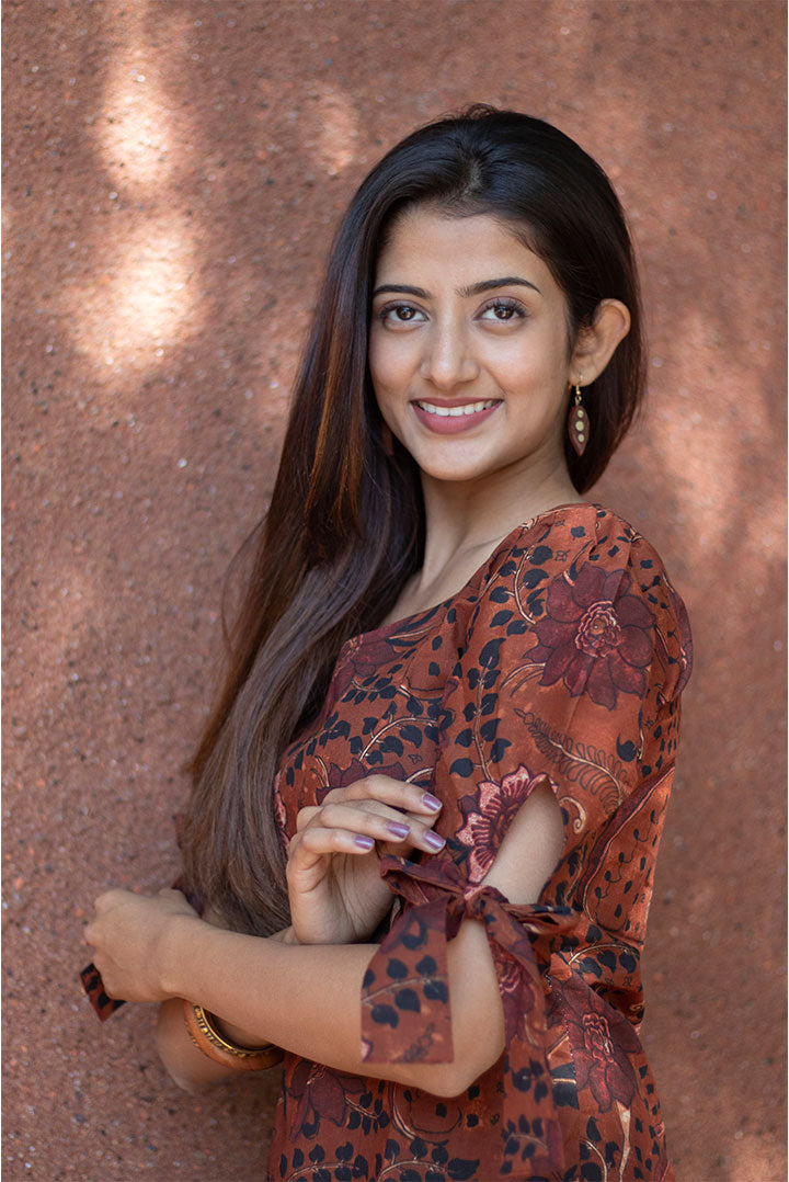 Cotton Kurti Brown Floral Print Sleeves Tie