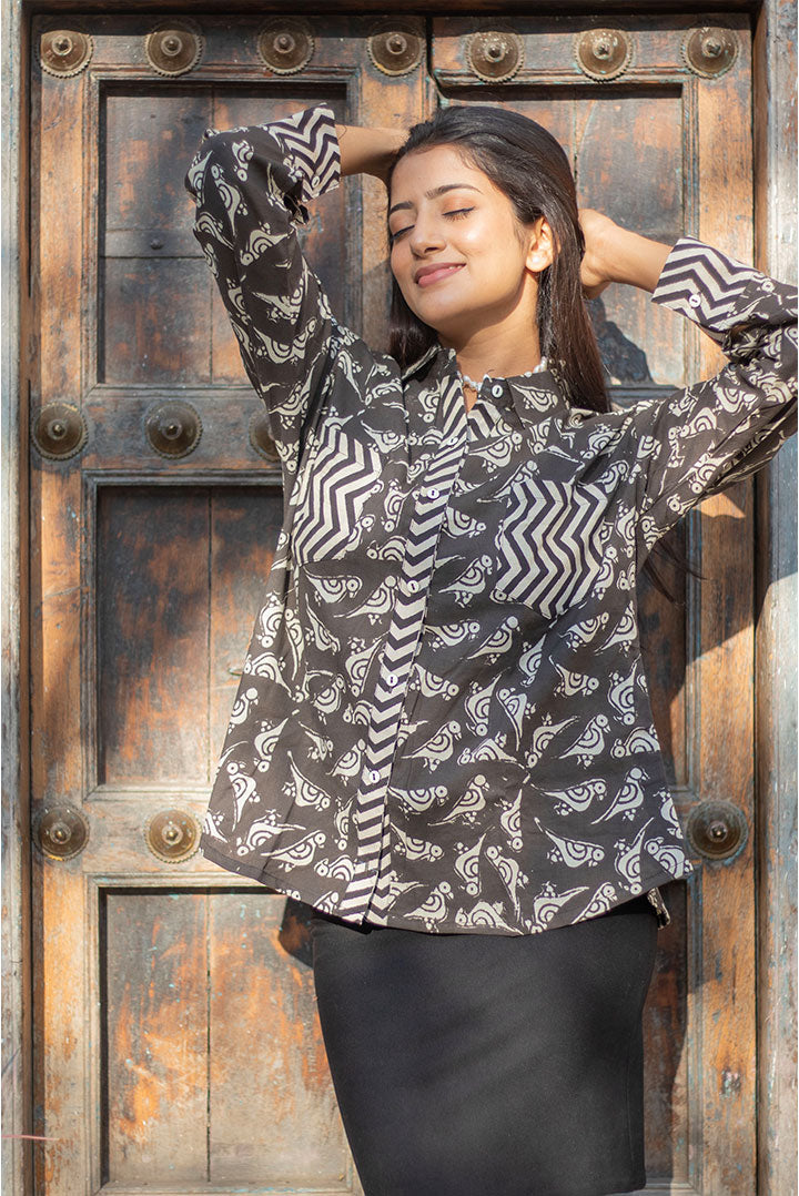 Black Chidiya Block Printed Cotton Shirt