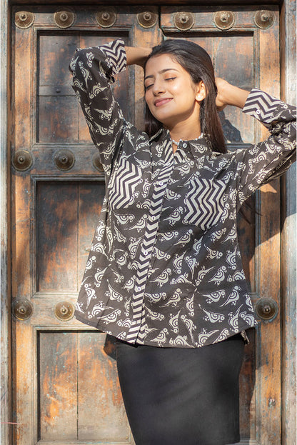 Black Chidiya Block Printed Cotton Shirt