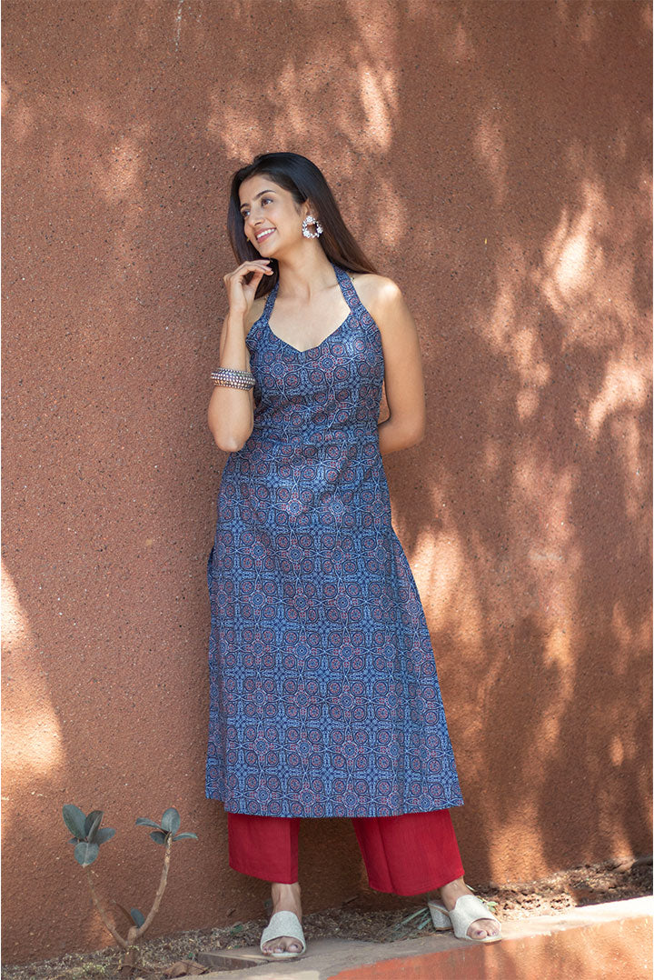 Cotton Kurti Blue halter Neck