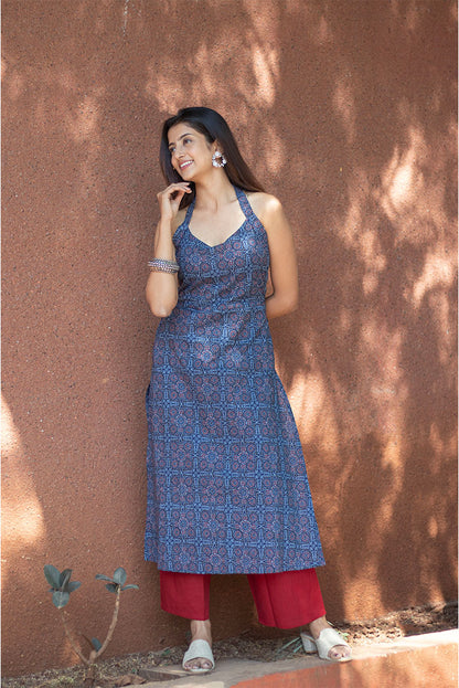 Cotton Kurti Blue halter Neck