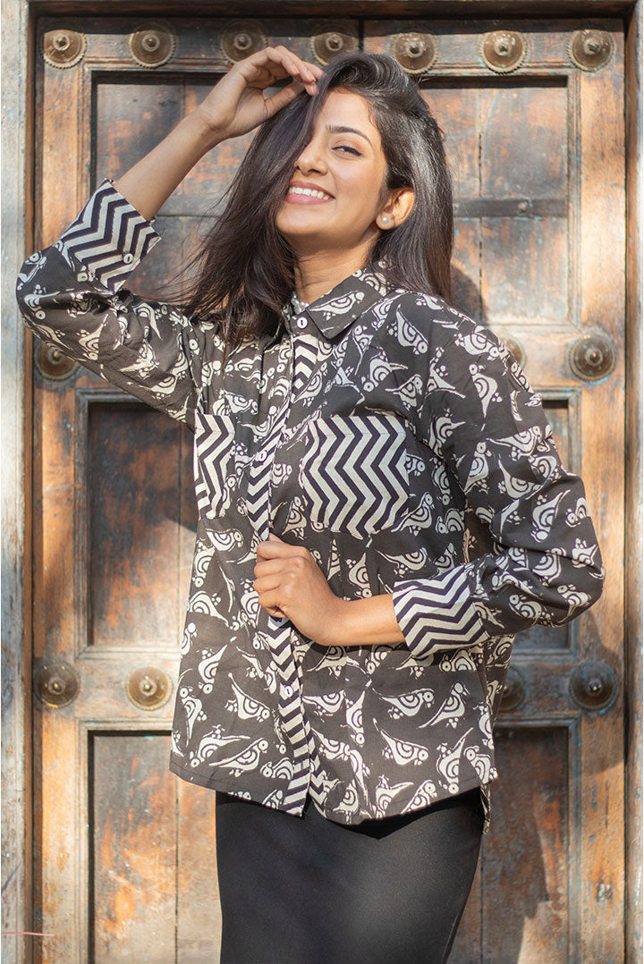 Black Chidiya Block Printed Cotton Shirt