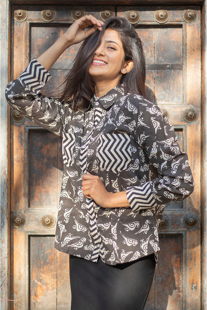 Black Chidiya Block Printed Cotton Shirt