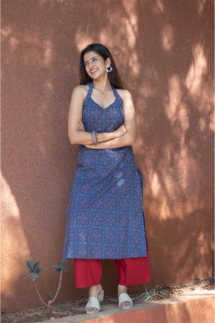 Cotton Kurti Blue halter Neck