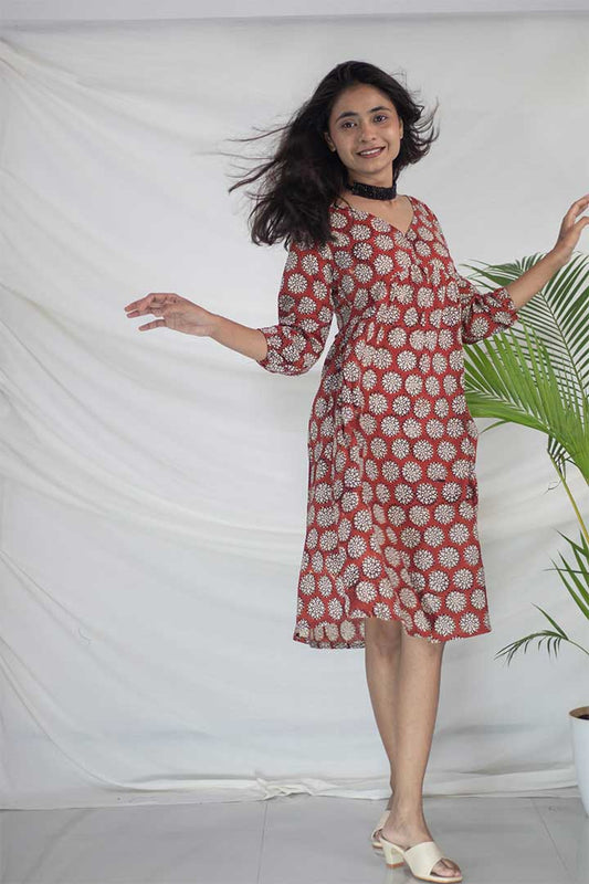 Maroon V-Neck Ajrak Print Cotton Dress
