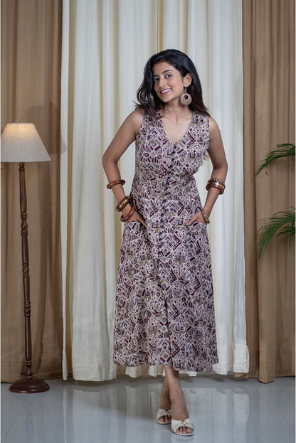 Kalamkari Front Open Button V-neck Cotton Cord Set