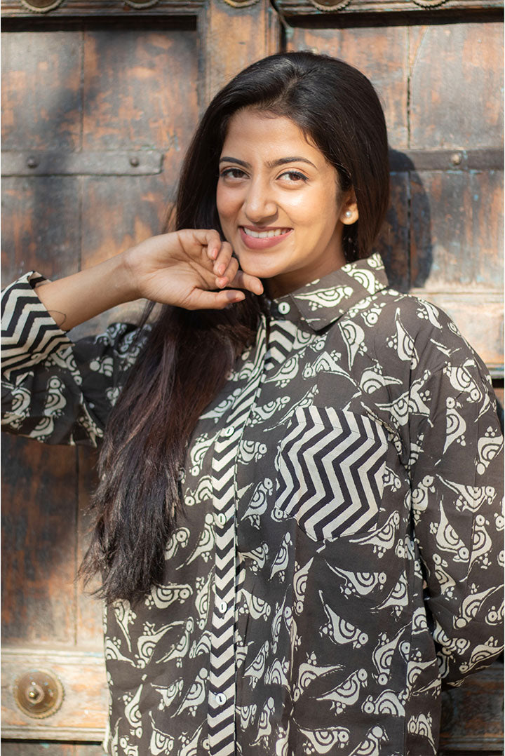 Black Chidiya Block Printed Cotton Shirt