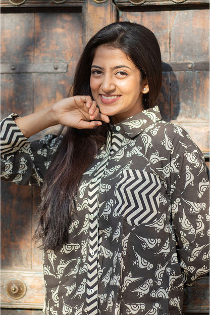 Black Chidiya Block Printed Cotton Shirt