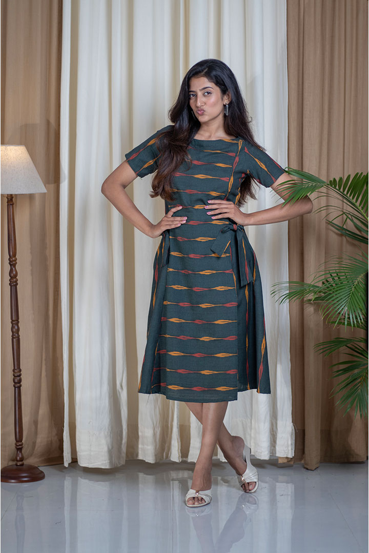 Ikhat Green Side Tie Cotton Dress