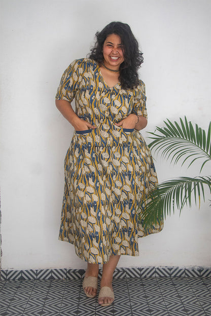 Plus Front Pocket Block Printed Cotton Dress