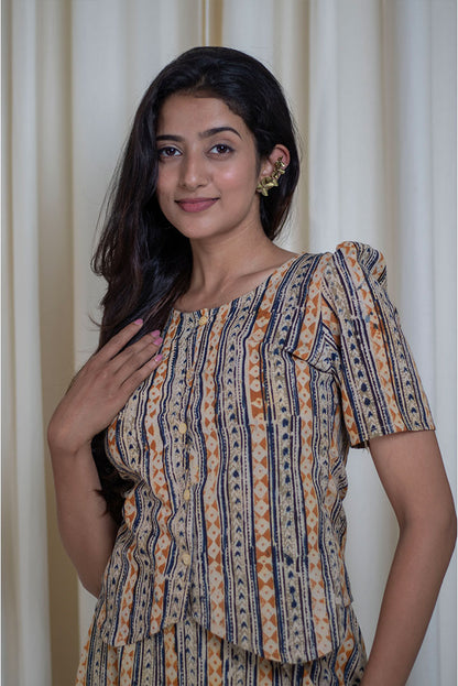Kalamkari Hand Printed Round Neck Skirt Top Cotton Cord Set