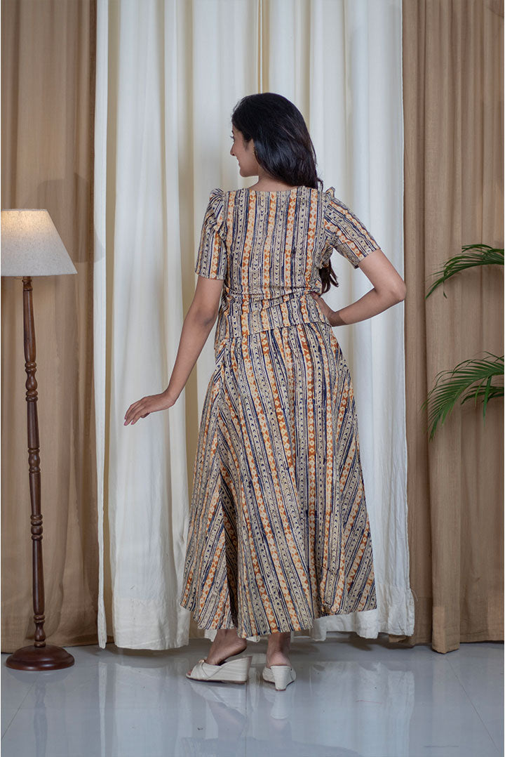 Kalamkari Hand Printed Round Neck Skirt Top Cotton Cord Set