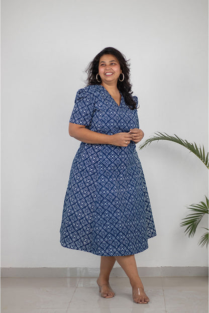 Plus Indigo Floral V-Neck Cotton Dress
