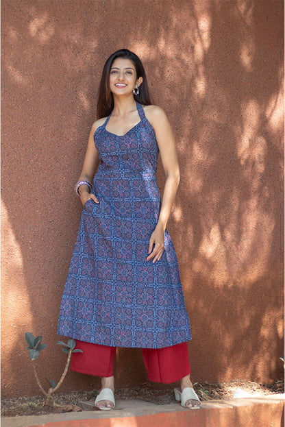 Cotton Kurti Blue halter Neck