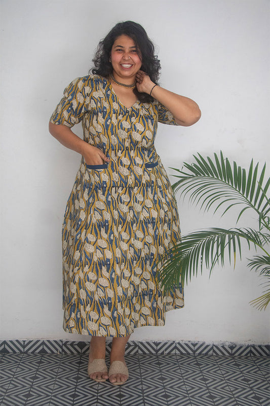 Plus Front Pocket Block Printed Cotton Dress