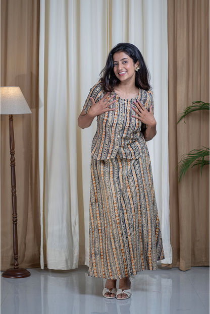 Kalamkari Hand Printed Round Neck Skirt Top Cotton Cord Set