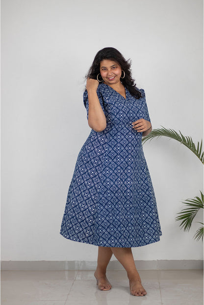Plus Indigo Floral V-Neck Cotton Dress