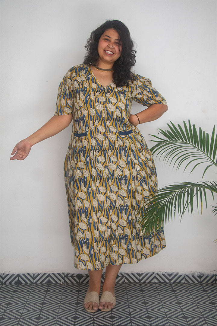 Plus Front Pocket Block Printed Cotton Dress