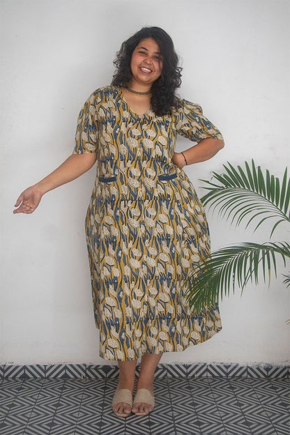 Plus Front Pocket Block Printed Cotton Dress