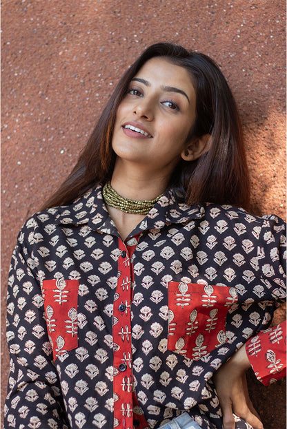 Black Floral Block printed Cotton Shirt