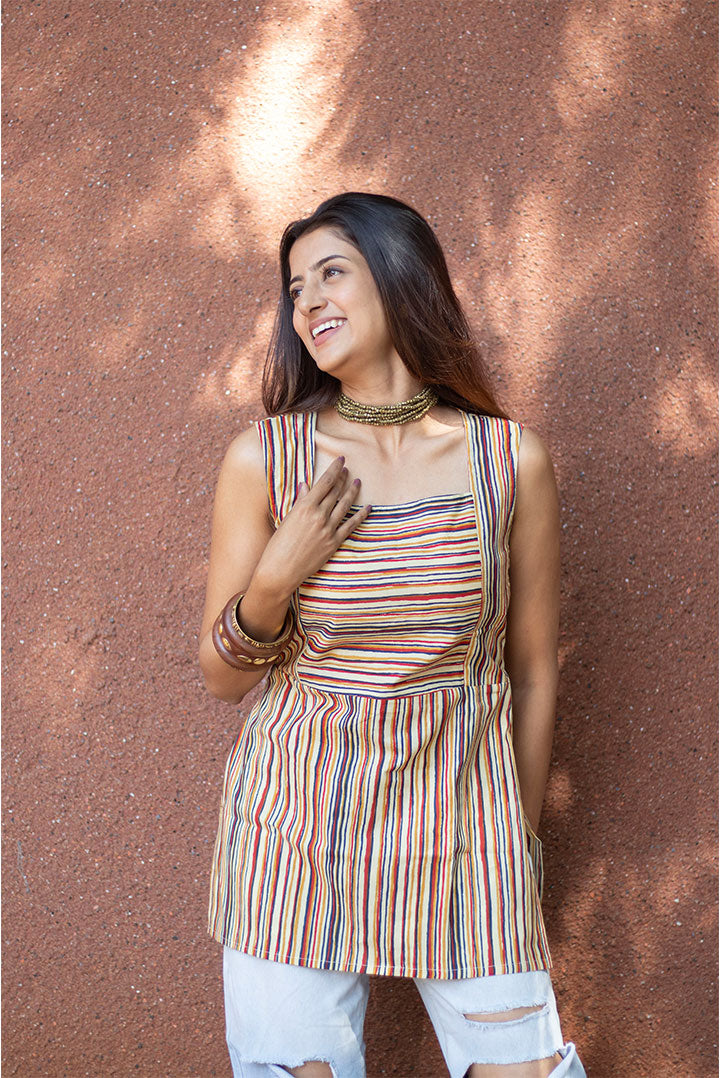 Cotton Top square neck with multi colour lines print