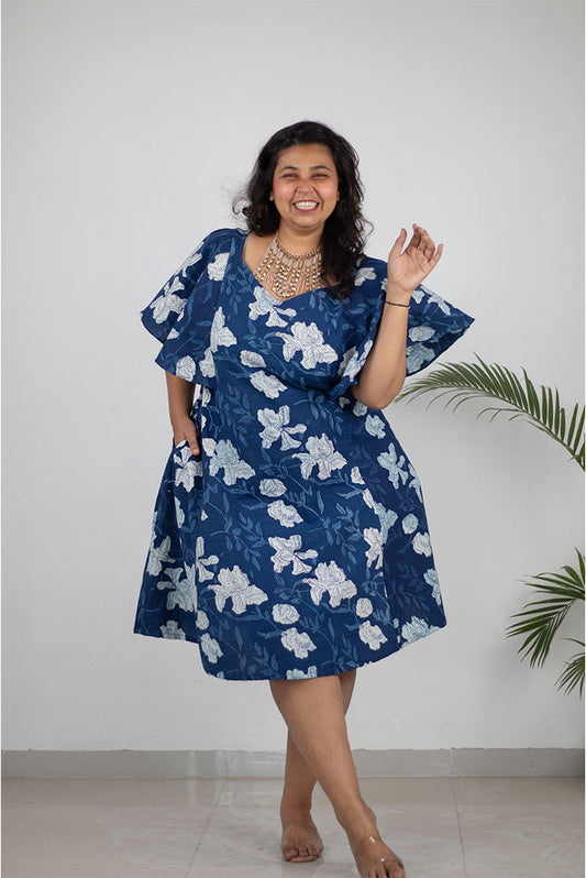 Plus Indigo Floral Butterfly Cotton Dress