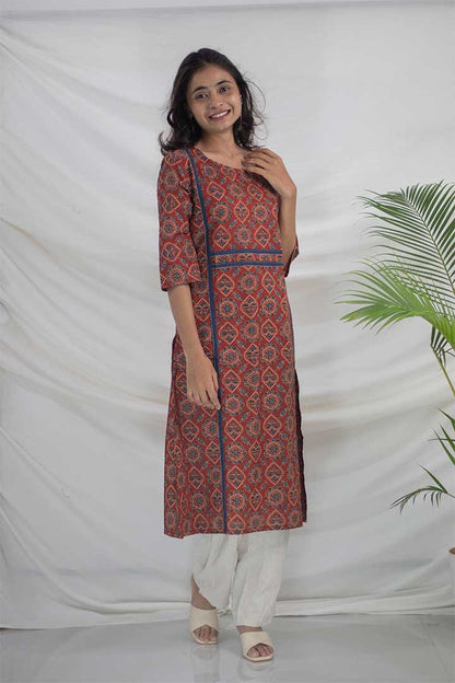 Maroon Ajrak Printed Cotton Kurti