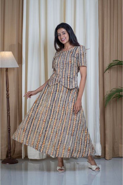 Kalamkari Hand Printed Round Neck Skirt Top Cotton Cord Set
