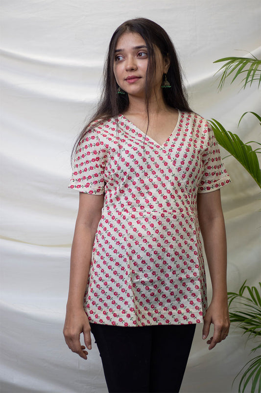 Beige Floral Achkan Top - 100% Cotton Collection