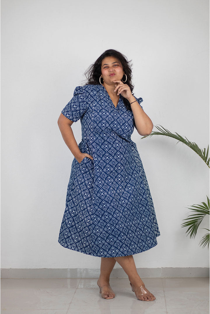 Plus Indigo Floral V-Neck Cotton Dress