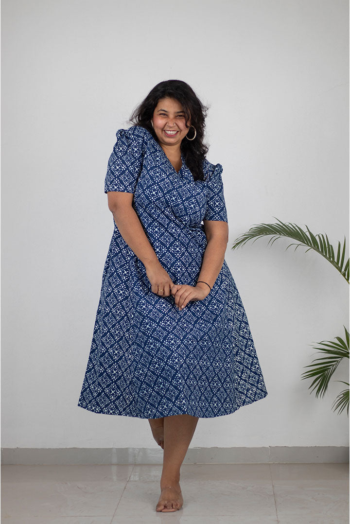 Plus Indigo Floral V-Neck Cotton Dress