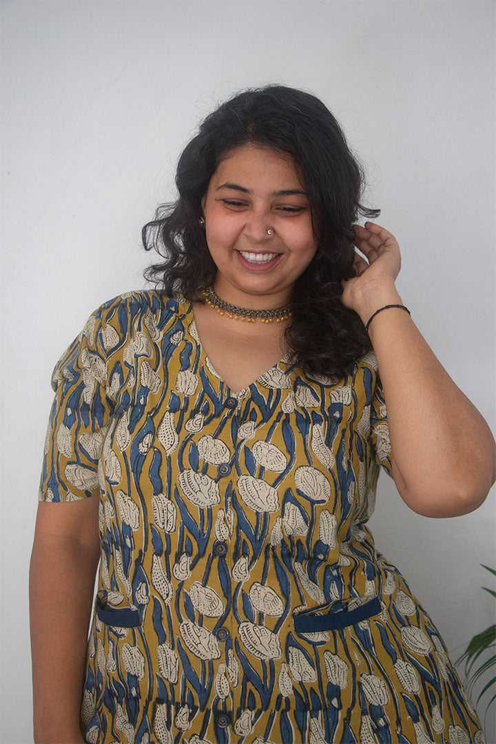 Plus Front Pocket Block Printed Cotton Dress