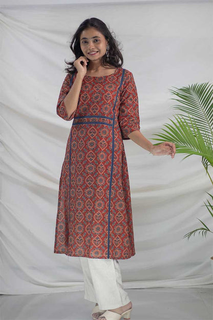 Maroon Ajrak Printed Cotton Kurti
